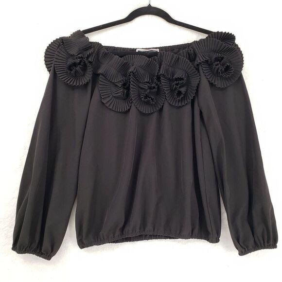 Prada RN 98339 Blouse Womens 2 Black Silk Off Shoulder Pleated Rosette Top Boho - Picture 1 of 13